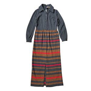 70s vintage maxi shirt dress wool blend pointed collar stripe buttonup Knitique.